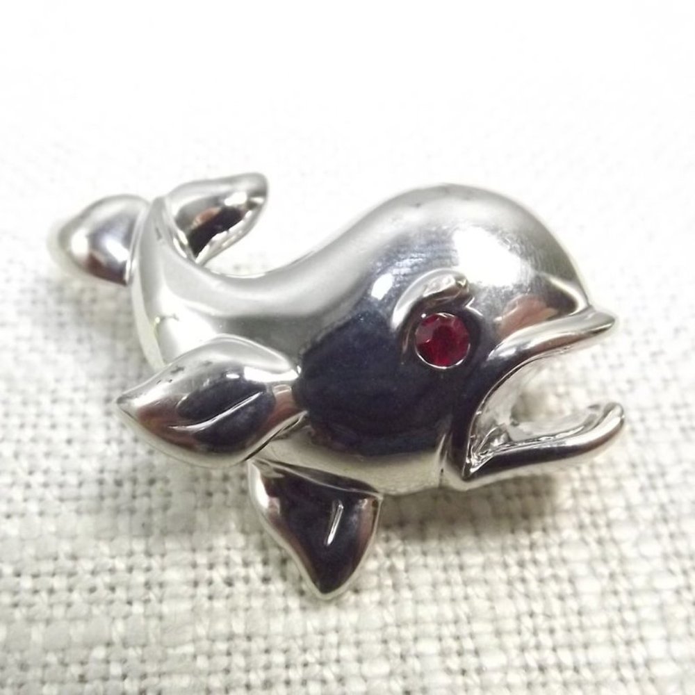 Whale Brooch with Red Rhinestone Eye Accent